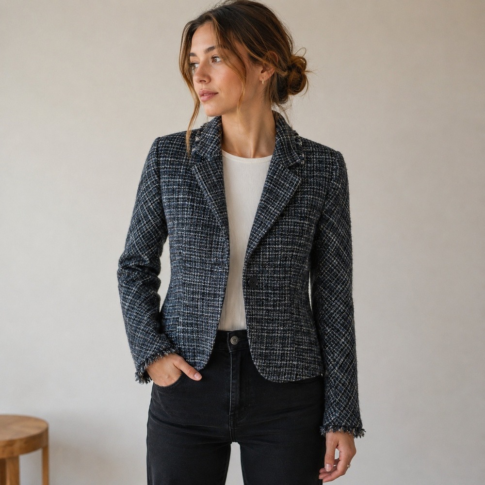Theory Laseli Blazer Size 2 Navy Gray Plaid 100% Wool Fully Lined 1 Button